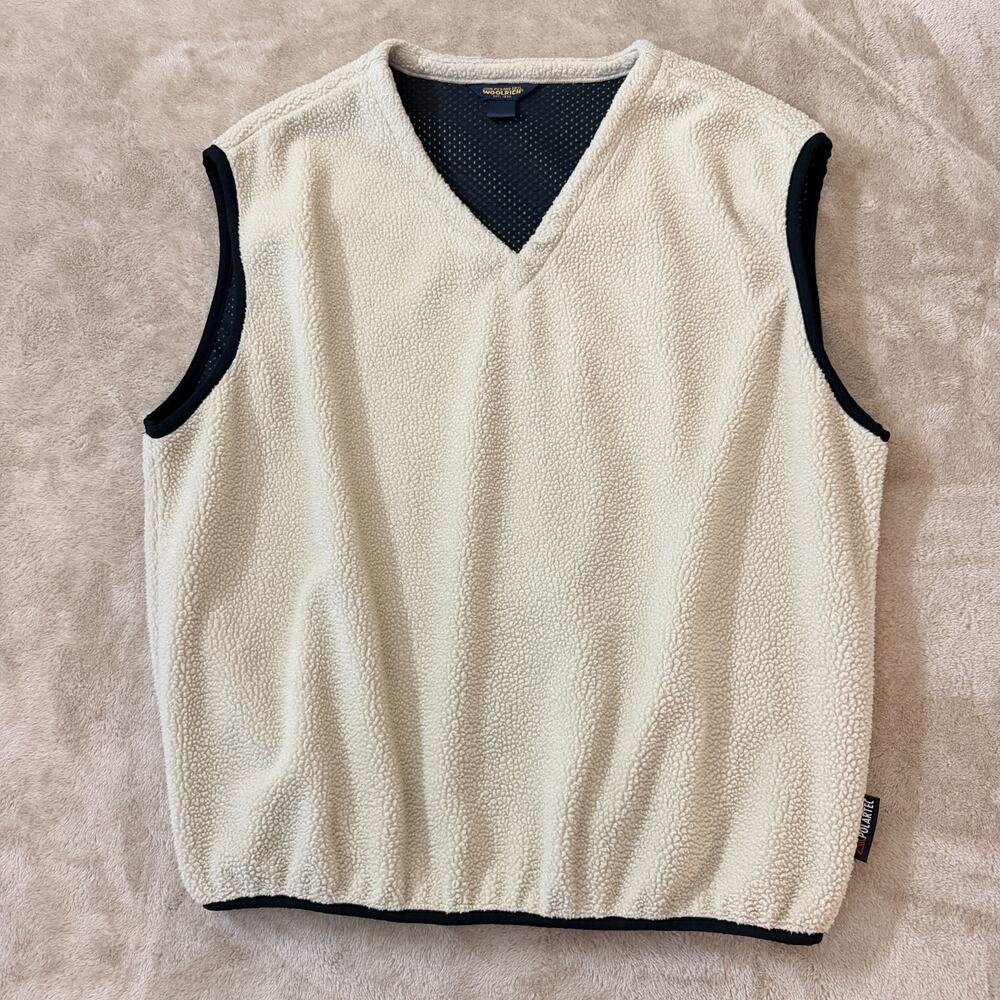 Y2K Woolrich Polartec Sherpa Fleece Vest Mesh Lined V-Neck Pullover Cream XXL